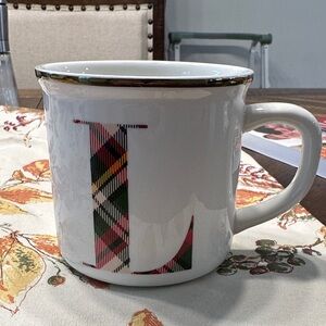 Pottery Barn White Mug with Plaid Monogram